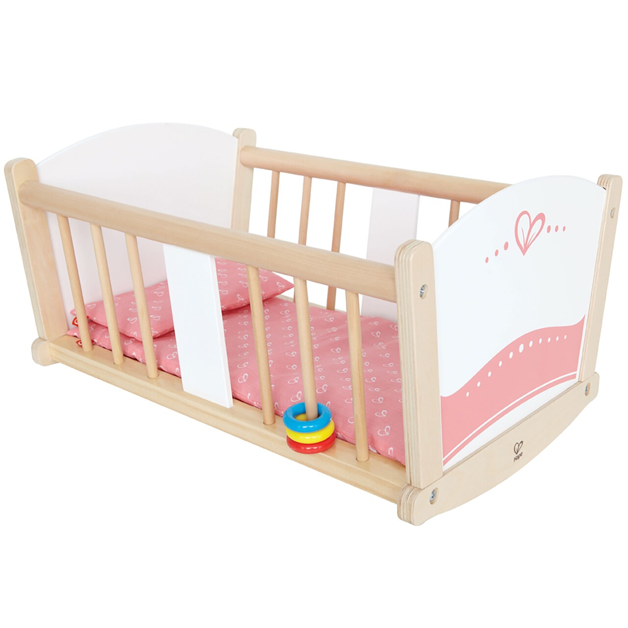 Hape: Rock-A-Bye Cradle - Pink & White - Baby Doll Sturdy Wooden Cradle, Bed Quilt & Pillow Accessories, Rocking Toy, Pretend Play, Kids Ages 3+